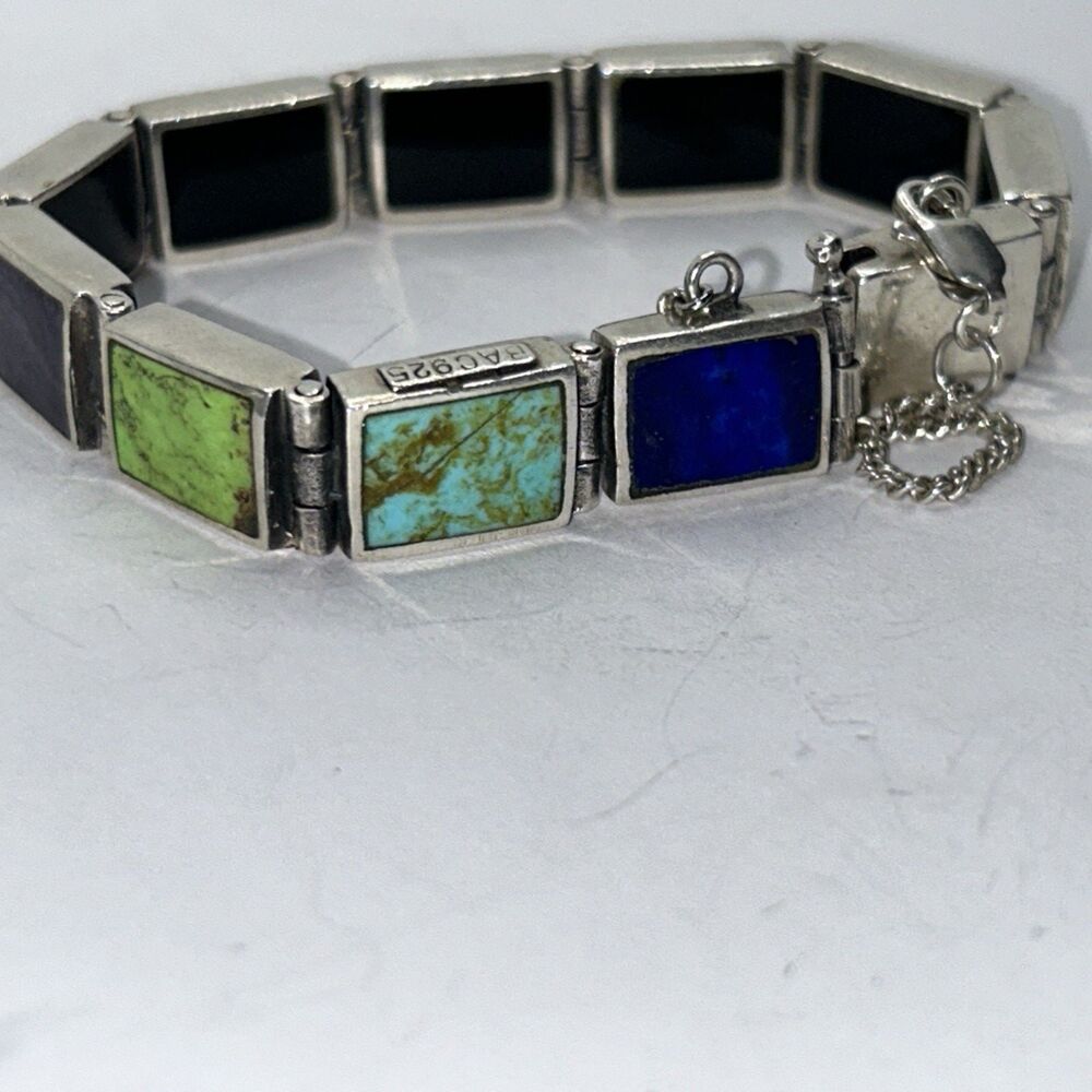 925 Sterling Silver Vintage BAC Real Multi-Color Gem Dual Sided Bracelet 6.5"